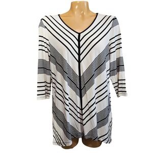 Chico's Easywear Womens Tunic  Black‎ White Stripe V Neck Asymmetrical Hem
